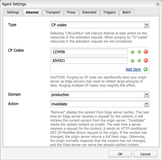 Akamai replication agent dialog set to purge CP codes