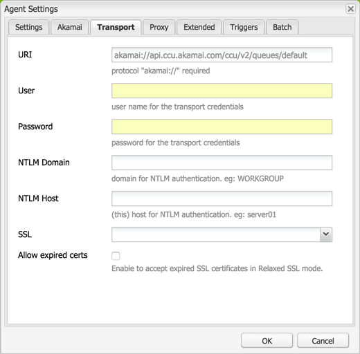 Akamai replication agent's Transport URI settings