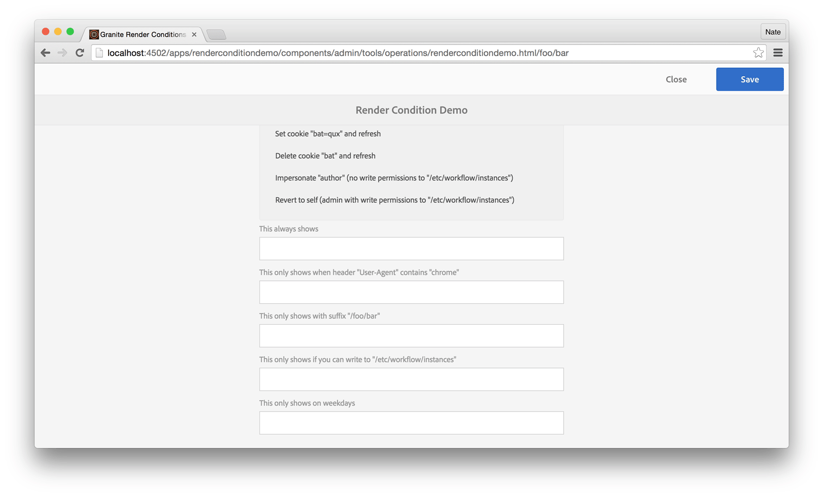 Screenshot of an AEM admin form using Granite render conditions