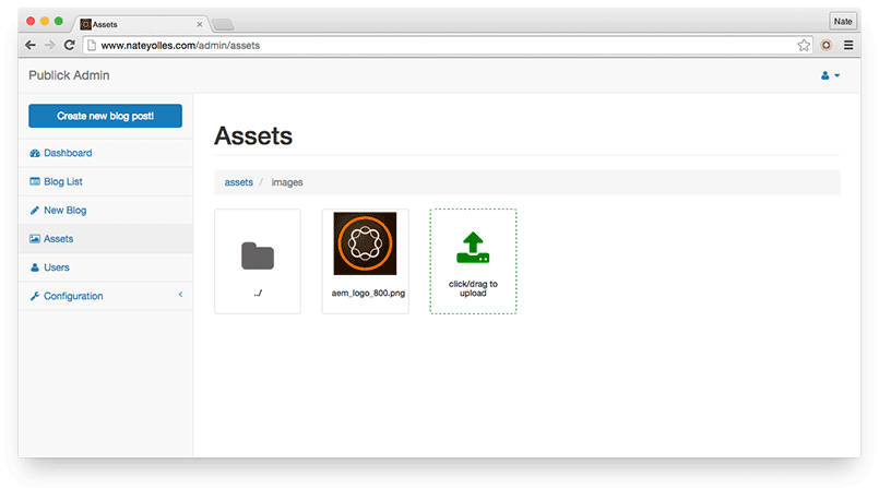 Screenshot of the asset upload capability of Publick.